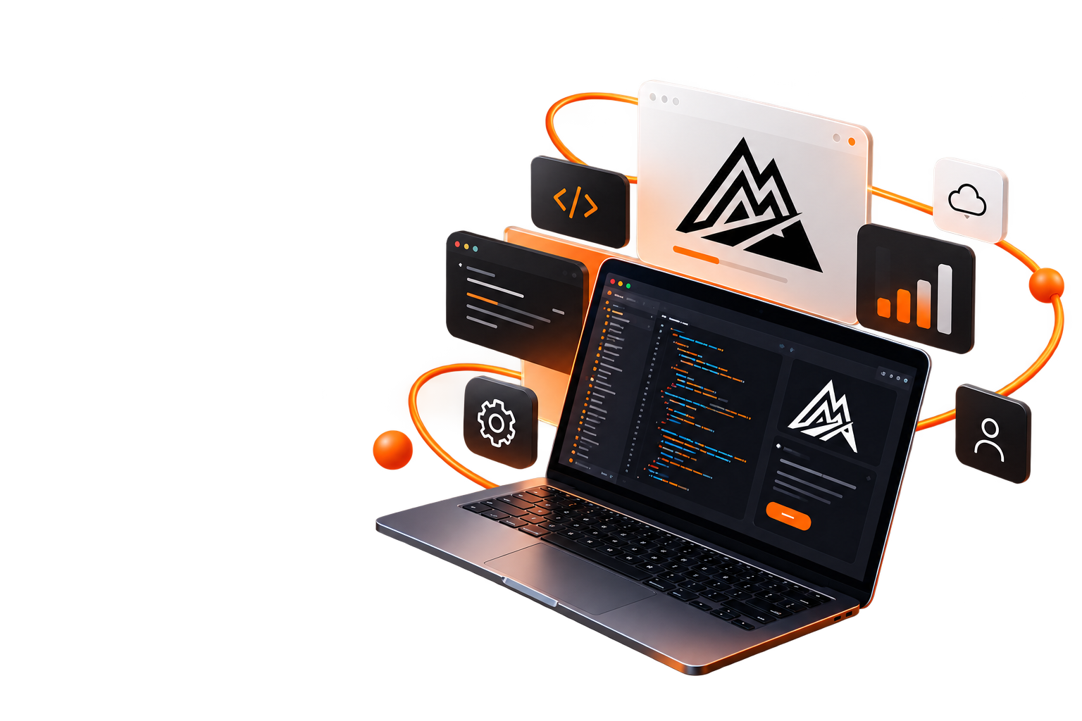 A laptop showing code and the Monadnocks Solutions dashboard, surrounded by icons for cloud, analytics, settings and users